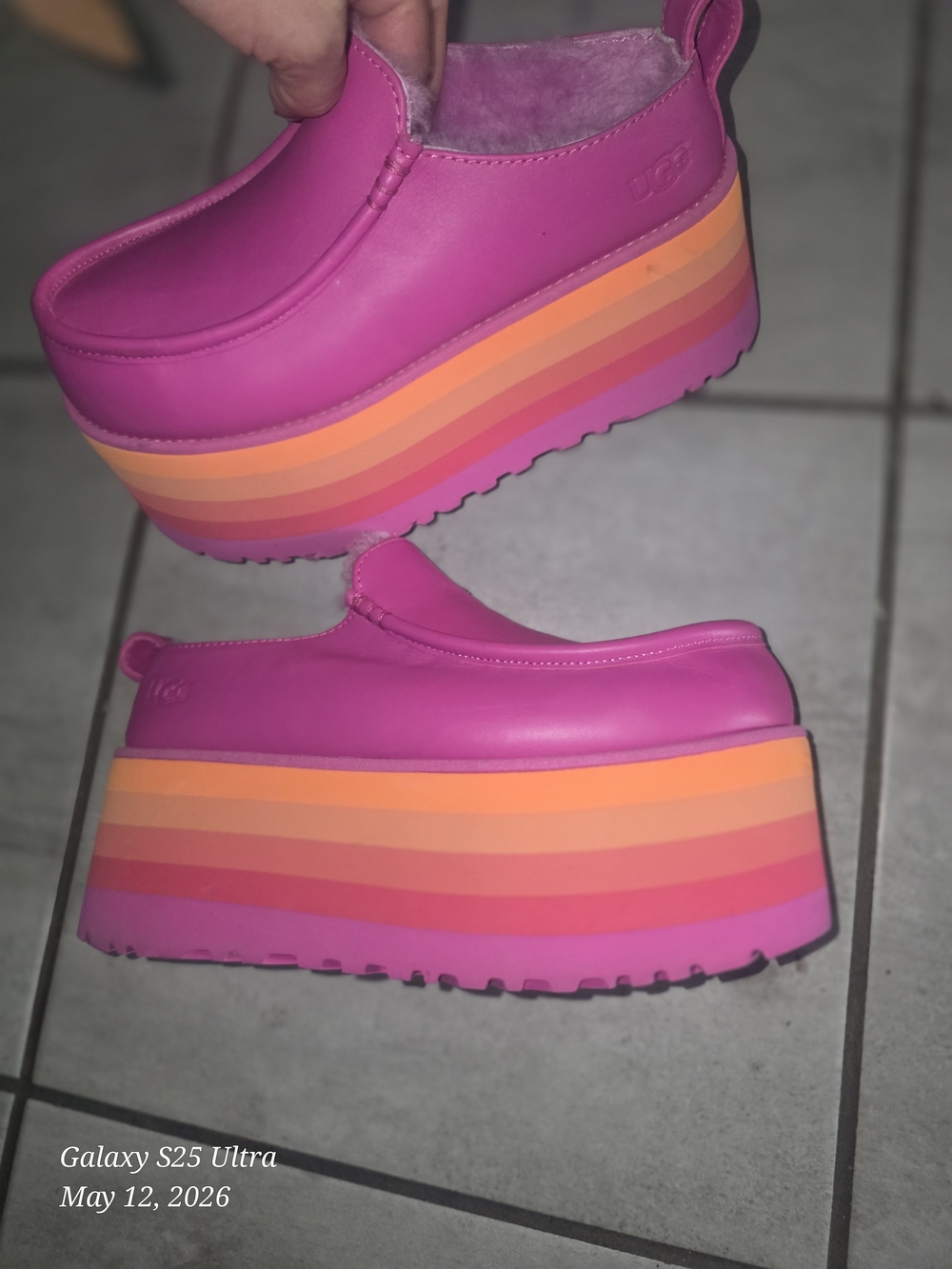 UGG Hot Pink Platform Clogs with Rainbow Stripe Sole
